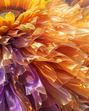 Sunflower inspired gown design detail with golden petal folds
