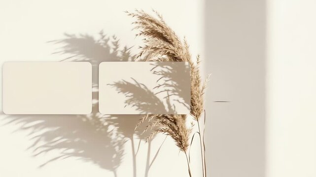 Aesthetic wall with moving pampas grass shadows and blank cards