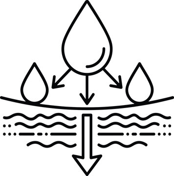 Minimalist vector graphic illustration showing water droplets soaking through a permeable fabric or textile layer surface
