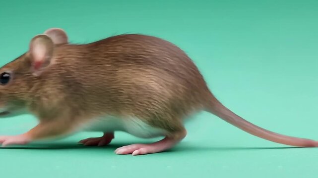 Small brown mouse standing on a solid green background in studio lighting