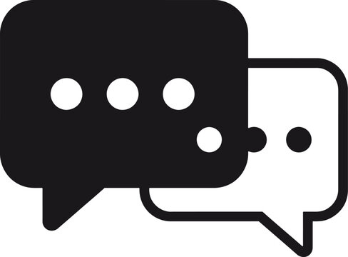 Minimalist black and white vector illustration of two overlapping speech bubbles for modern interface design communication