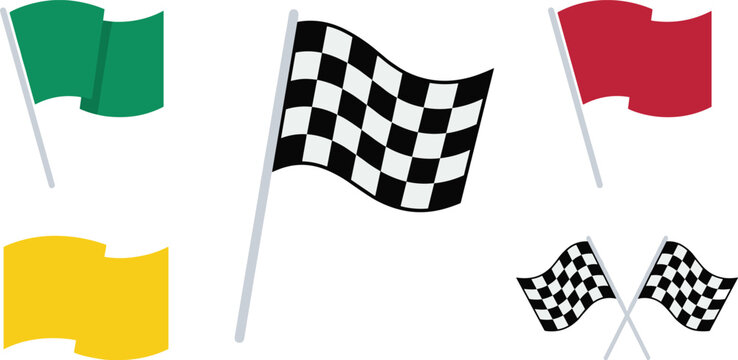 Racing Flag Icon Set Featuring Waving Flat Vector Illustrations of Checkered, Green, Red, and Yellow Flags for Motorsport and Track Event Designs