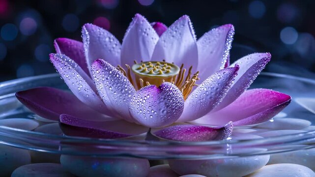 Purple lotus flower floats on water with dewdrops on petals. Lotus with water droplets creates ripple effect. Purple flower reflects in water. Lotus floating shows zen meditation with dewdrops.