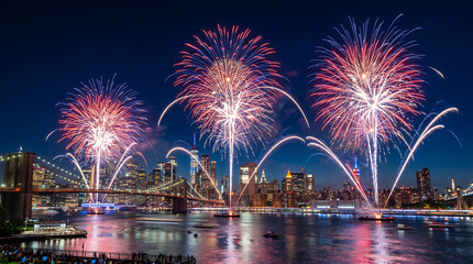 Naklejka premium Colorful Fourth of July Fireworks Exploding Over US City Skyline at Night