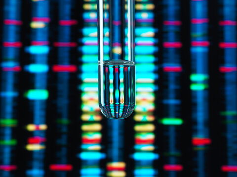 Genetic Research, DNA profile reflected in a test tube containing a sample