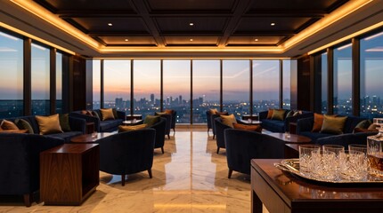 Fototapeta premium Elegant sky bar interior with navy blue sofas and marble floors overlooking a sunset cityscape, perfect for luxury lifestyle and hospitality promotions.