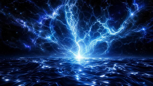 Highly reflective sapphire blue liquid metal waves reflecting a brilliant ice-blue pulsar at the horizon. Erupting white, cyan, and steel-blue plasma filaments in a starry sky