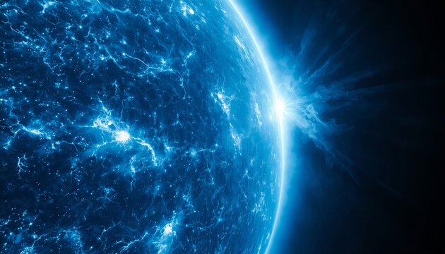 Blinding surface of boiling electric cyan and white-hot plasma on a Blue Supergiant star. Towering magnetic arches and intense solar flares erupting against a black space void