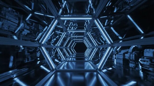 Futuristic Hexagon Sci-Fi Tunnel Background with Glowing Blue Neon Lights and Metallic Reflection