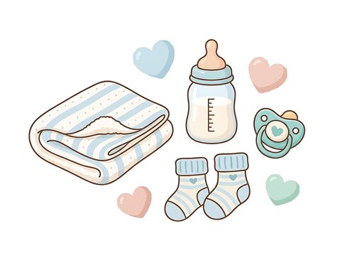 Cute baby essentials set featuring blue striped blanket and bottle