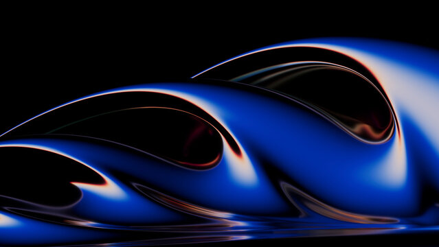 Abstract metallic blue waves reflect dramatic light in the dark