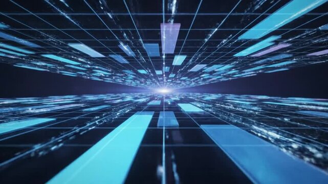 Futuristic Digital Data Stream Background with Perspective Grid and Blue Neon Light Blast