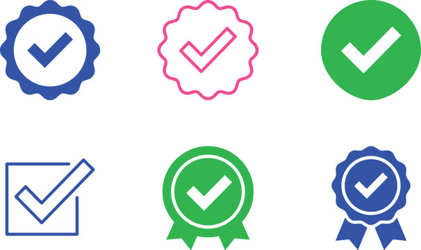 Check Mark and Quality Badge Icon Set with Approved Guarantee Seal Verified Ribbon and Tick Box Symbols for Website Trust E-commerce and Mobile App User Interfaces