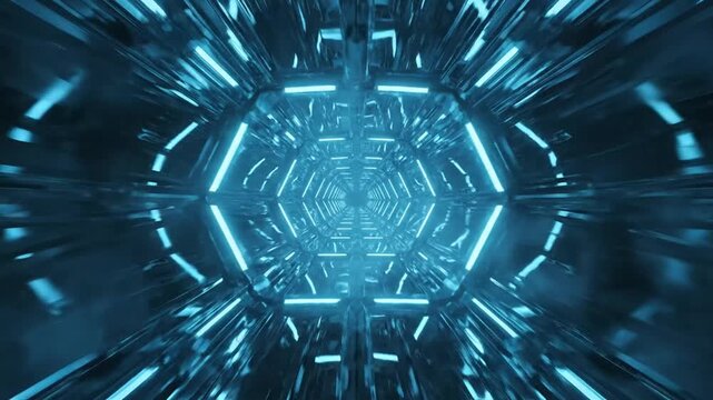 Futuristic Hexagonal Sci-Fi Tunnel Background with Zoom Motion Blur and Blue Neon Light