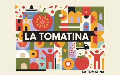 Fototapeta premium Colorful Abstract Illustration of La Tomatina Festival with Stylized Tomatoes and Celebrating People in Spain