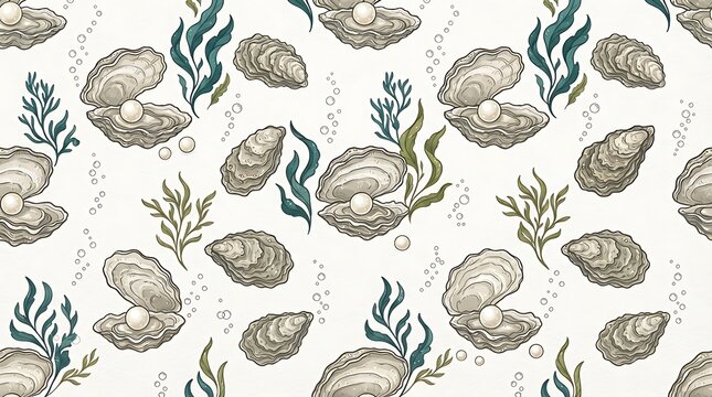 Hand drawn seamless pattern featuring open oysters with glowing pearls