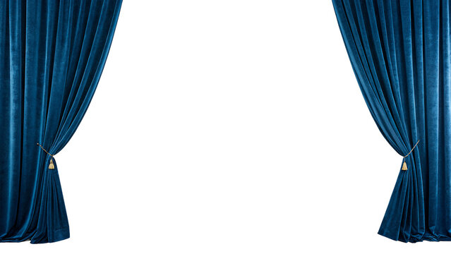 Elegant dark blue velvet stage curtains opening isolated on transparent background