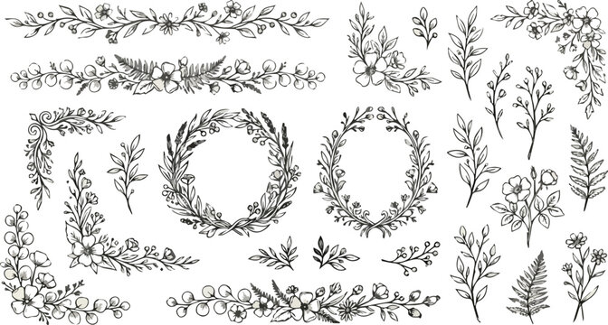 Rustic hand-drawn flower ornaments and decorative botanical borders