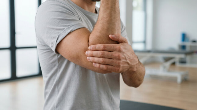 Man holding elbow during rehabilitation in bright therapy clinic