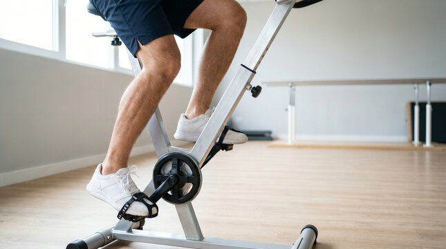 Man pedaling exercise bike during rehabilitation in bright therapy clinic