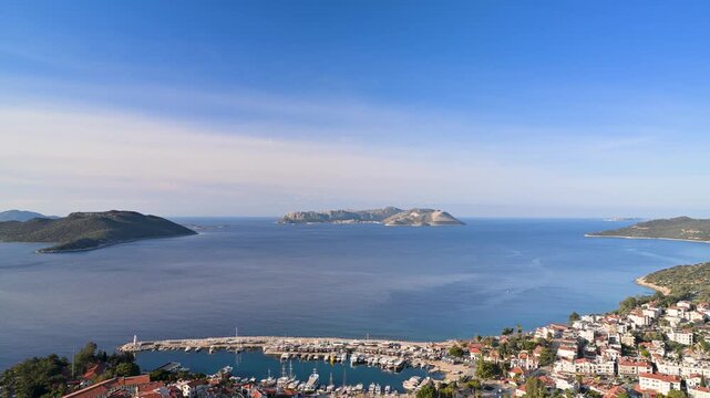 Scenic aerial view of Kas harbor and Kastellorizo island