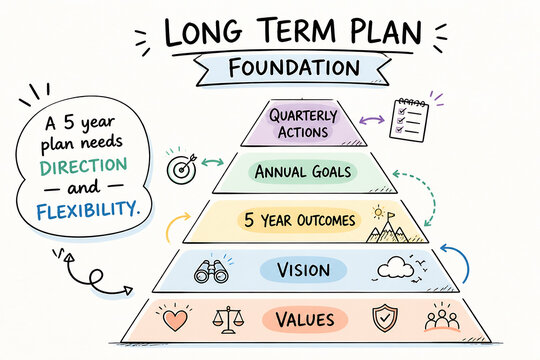 A diagram illustrates a long-term plan structure, starting with values and vision at the base, leading up through 5 year outcomes, annual goals, quarterly actions, and culminating in direction and fle