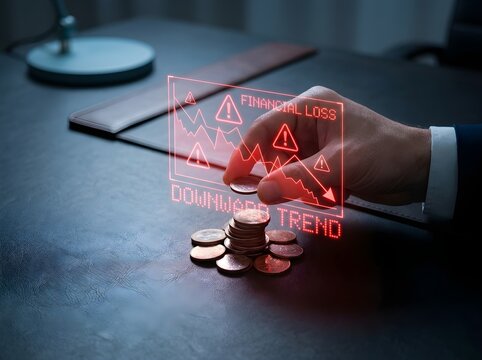 Financial loss and downward trend concept with red hologram, businessman hand stacking coins on desk, economic crisis and market crash visualization