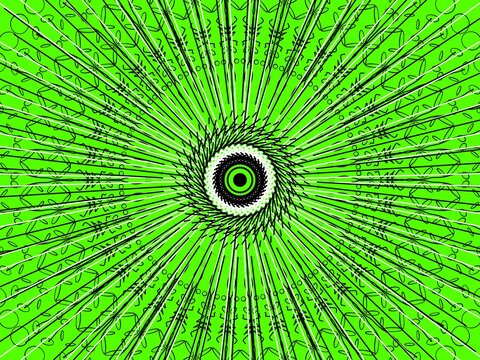 A striking sunburst or mandala-like design set against a bright lime-green background.