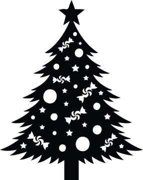 Black Christmas tree silhouette decorated with star baubles and candy vector illustration