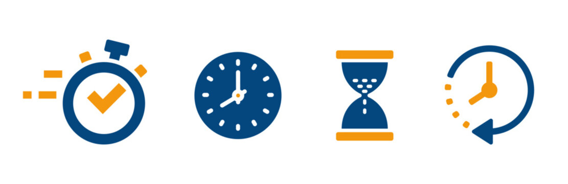 icon set of clock, stopwatch, hourglass, time concept, countdown, clock icons, flat vector art