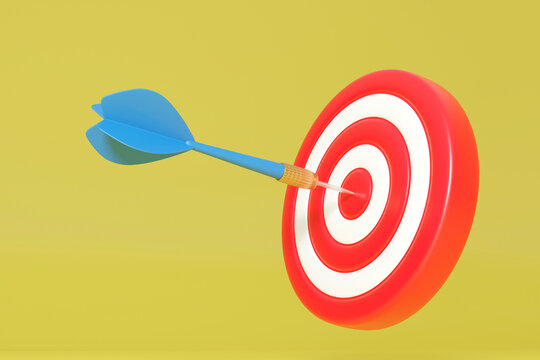Blue dart hitting the bullseye of a red target on yellow background