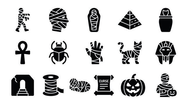 Ancient egypt mummy and archeology solid icon set with archaeology artifact mysterious sarcophagus mythology
