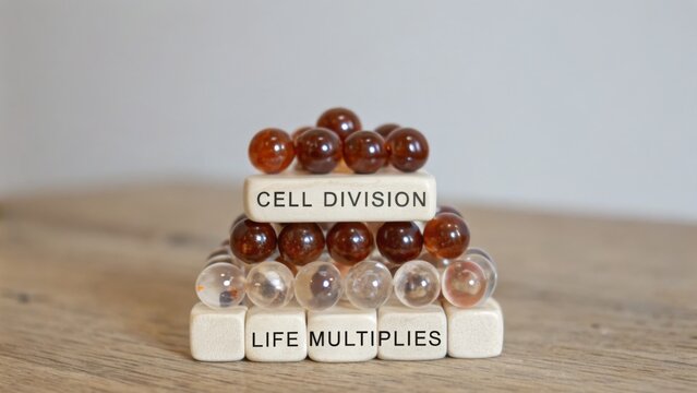 Creative representation of cell division concept with marbles and blocks illustrating life multiplication process in biology