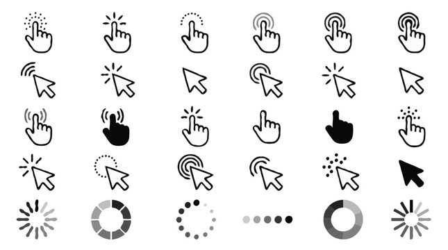  Computer mouse cursor clicks icons and web loading progress indicators vector set