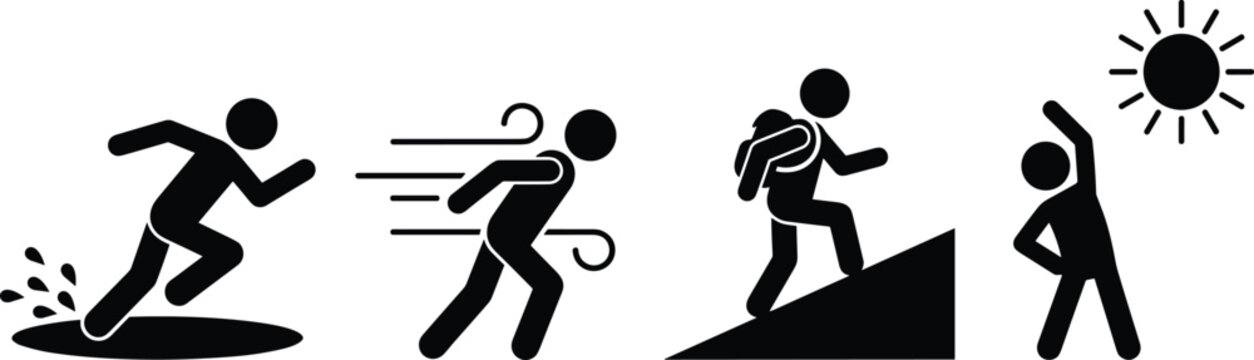 Outdoor Fitness and Running Stick Figure Icon Set with Jogging Wind Hiking Mountain and Sunny Exercise Symbols for Sport Travel Web and App Designs