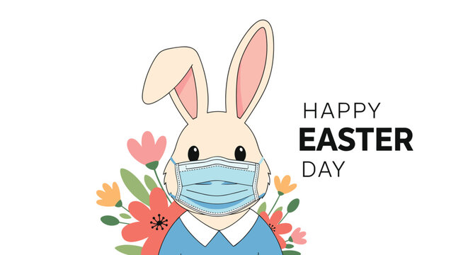 Cute Easter bunny wearing a blue medical face mask next to colorful flowers celebrating Easter during pandemic.