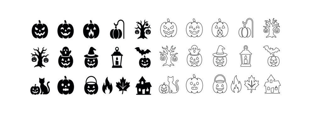 Autumn and halloween pumpkin icons with spooky atmosphere and fall foliage elements halloween celebration seasonal