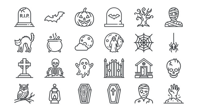 Set of halloween outline icons including grave stones spooky figures and monsters with halloween tombstone cauldron