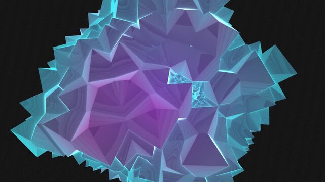 Abstract 3d render of a glowing purple crystal formation with geometric facets on a black background