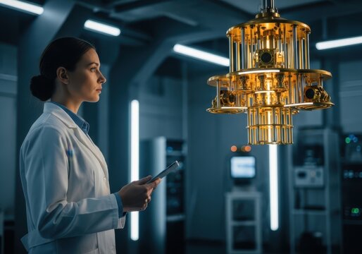 Scientist examining a quantum computer in a hightech laboratory