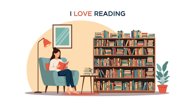 Cozy home scene of a young woman sitting in a comfortable armchair and reading a book next to a big bookshelf.
