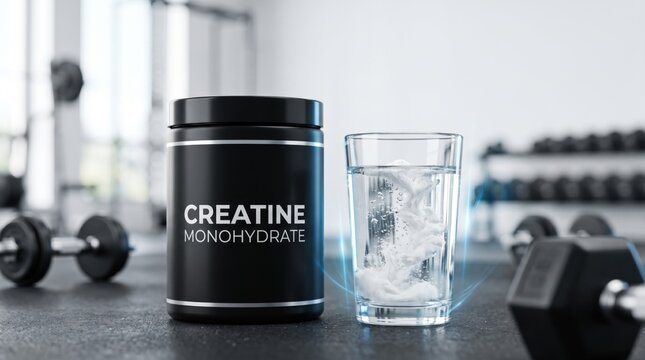 Creatine monohydrate powder with a glass of water in a gym. Sports nutrition, muscle recovery, strength training and fitness supplement concept