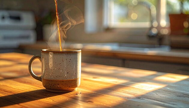 Golden hour coffee cup on wooden table near window.