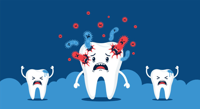 Sad unhealthy tooth mascot attacked by angry colorful bacteria while other healthy teeth cry out in fear representing tooth decay or dental cavity.