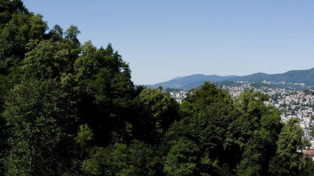 approaching the plants and then the drone rises and you can see the whole city of Lugano with its splendid lake and Mount San Salvatore