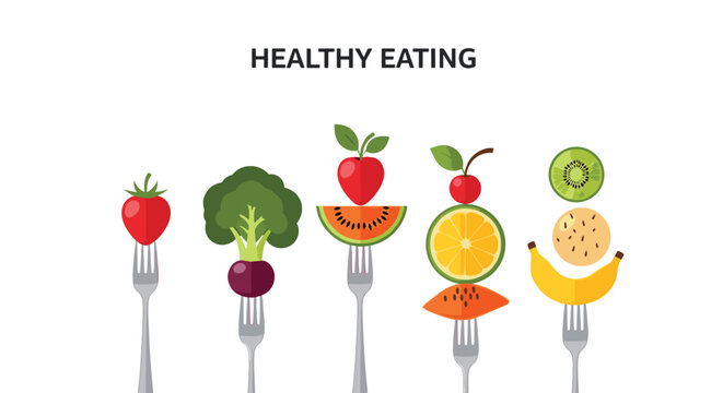 Fresh fruits and vegetables served on silver forks with healthy eating text represents balanced diet, vitamins, and vegan nutrition.