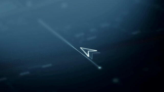 Glowing triangular cursor gliding diagonally across dark textured blue surface, leaving cyan white trail and faint dotted path toward small luminous target point