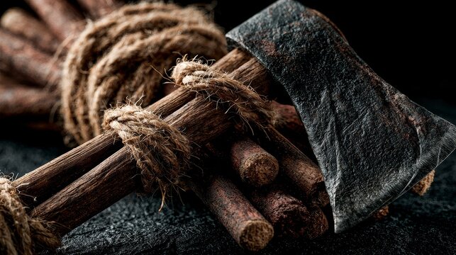 A bundle of wooden rods bound together with an axe blade emerging.