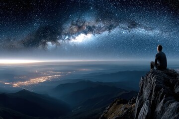 Obraz premium Stargazer admires the Milky Way above a sprawling city at night on a mountain peak