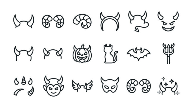 Outline style collection of devil horns demon masks halloween pumpkin bat other spooky icons with line art, halloween